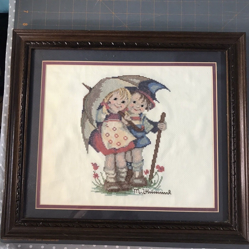 Hummel Couple Umbrella Cross Stitched Framed Matted 14" X 16"